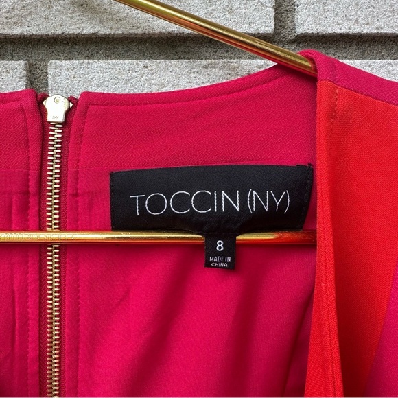 Toccin NY Colorblock V-Neck Sheath Dress Fuchsia Orange Sz 8 Repairable Sleeves - Picture 7 of 11